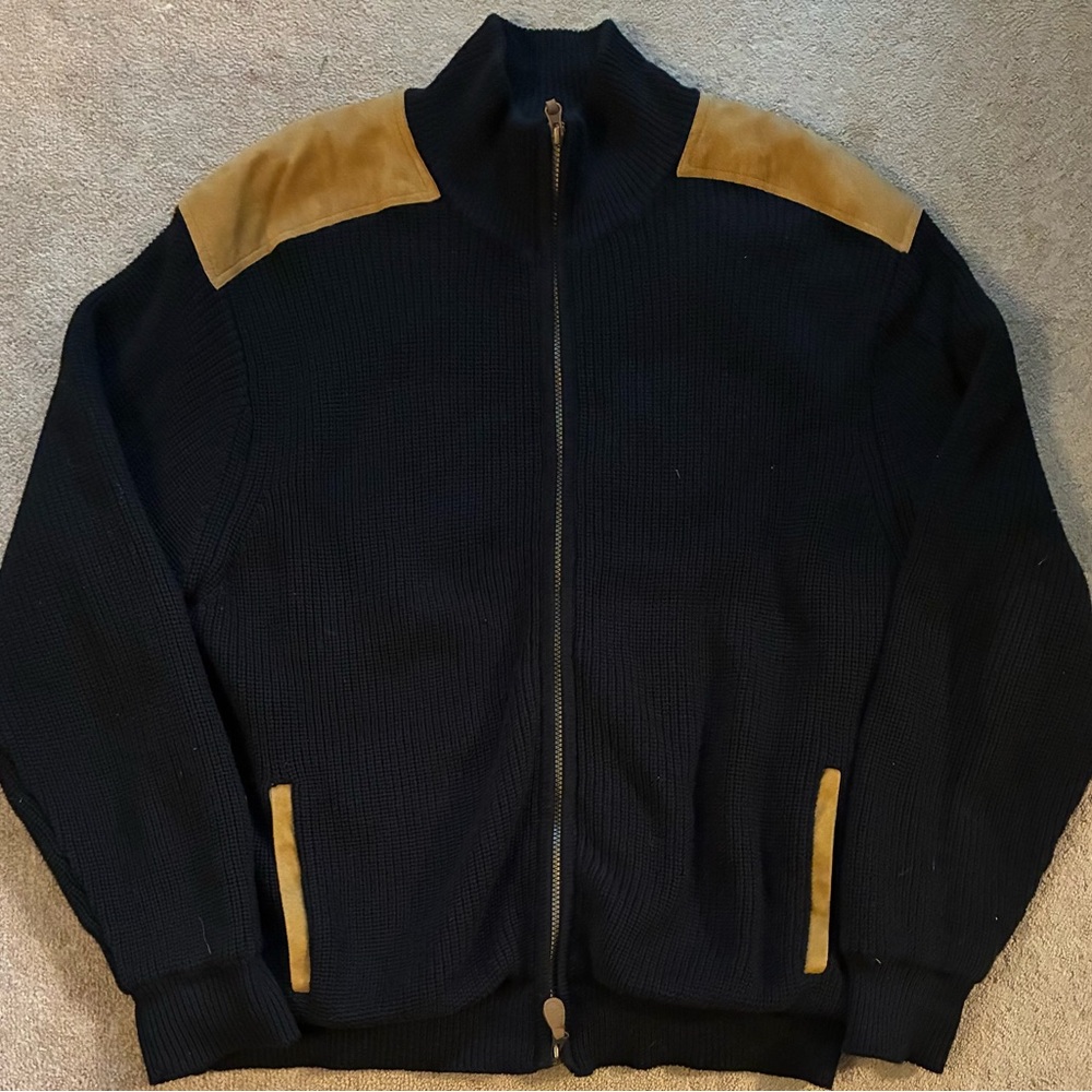Orvis Sweater Cable Knit Full Zip Suede Trim Lined Fisherman Black Men's XL